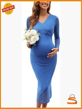 Maternity Cocktail Dress Sparkly Mesh Wrap Bodycon Wedding Guest Fall V-Neck